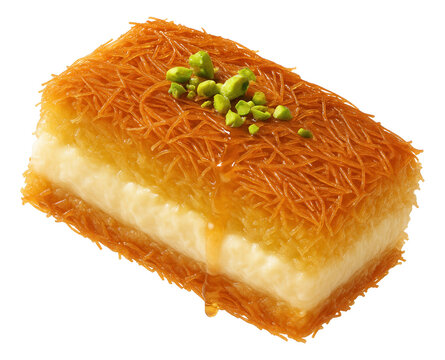 Delicious piece of traditional Middle Eastern kunafa dessert topped with chopped pistachios and drizzled with syrup on transparent background.