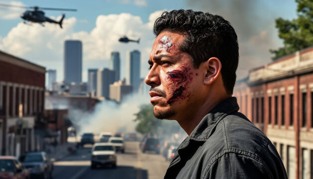 American man separatist against the backdrop of a burning city in California. Generated by AI.