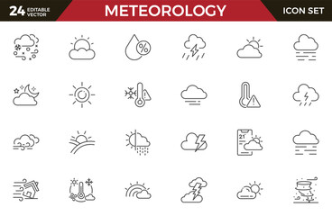 Set of outline icons related to weather. Linear icon collection. Editable stroke. Vector illustration.