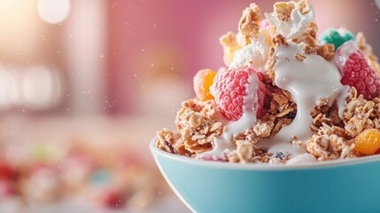 A vibrant bowl of colorful cereal topped with fresh berries and yogurt creates a mouthwatering treat that embodies health, enjoyment, and starts the day off right.
