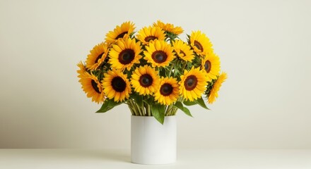 Front-on medium shot of a large, lush bouquet of bright yellow sunflowers with green stems and leaves against a neutral background. A vibrant, cheerful floral display symbolizing summer and joy.