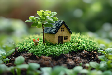 Tiny Haven: A miniature house nestles amidst lush greenery, a testament to peaceful simplicity and a love for nature. Perfect for evoking a sense of calm and tranquility.