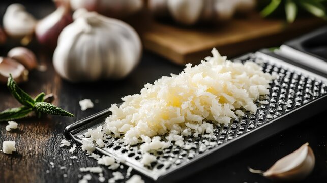 Finely grated garlic on a grater, beautifully showcased with fresh garlic cloves in the background, representing freshness and culinary creativity in cooking.