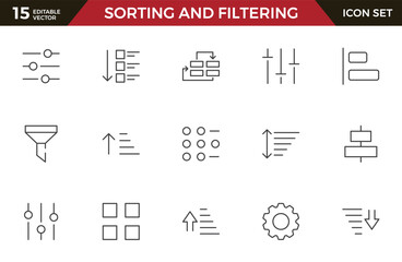 Set of sorting and filtering related linear icons on white background. Templates of data processing, structure order, digital management and other icons for business. Flat cartoon vector illustration.