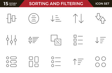 Set of sorting and filtering related linear icons on white background. Templates of data processing, structure order, digital management and other icons for business. Flat cartoon vector illustration.