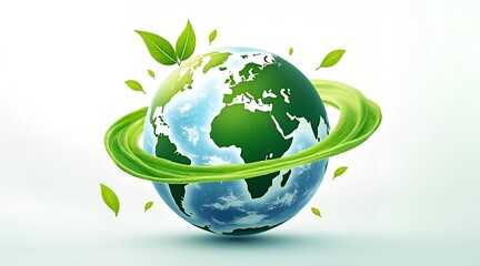 A verdant earth embraced by swirling green leaves, isolated on white background