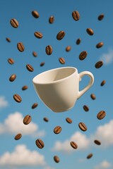 Obraz premium Flying coffee cup and beans in surreal sky setting