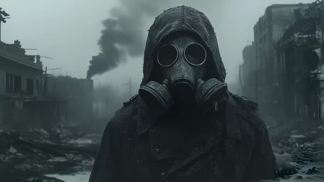 Dystopian Future: A Lone Figure in a Gas Mask Amidst Ruined Cityscape after war