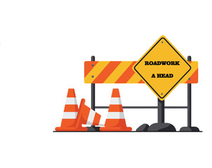 A cartoon illustration of a roadwork ahead sign with orange and white striped barriers and traffic cones.