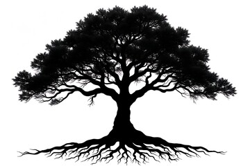 A majestic, black silhouette of an ancient tree, isolated on white background, its roots sprawling wide