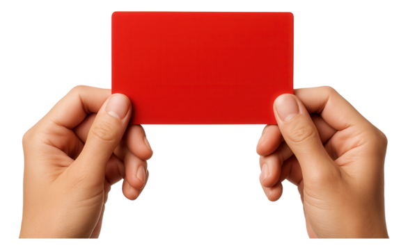 Two hands holding a blank red card, suitable for customizable text or graphics on transparent background.