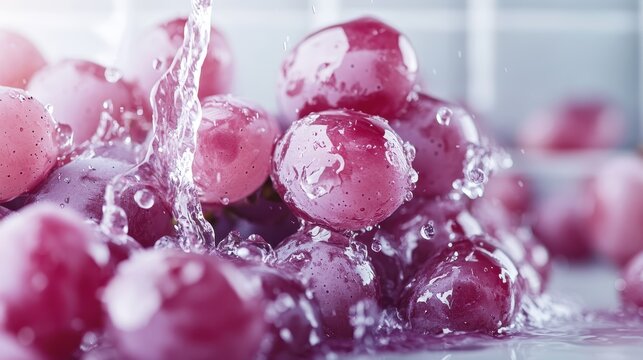 A close-up shot of glistening red grapes being splashed with water, highlighting their freshness and vibrancy, perfect for a healthy eating or natural food concept.