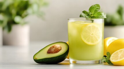 A refreshing glass of avocado lemonade garnished with mint leaves sits next to fresh ingredients, promoting health, vitality, and vibrant flavors.