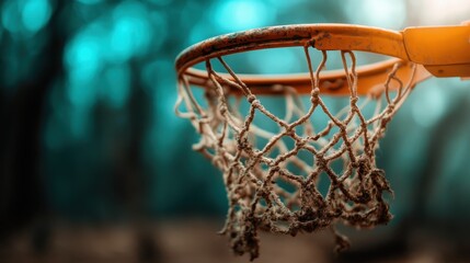 An old, worn basketball hoop stands resolutely in a forest, symbolizing the intersection of sports and the great outdoors, echoing nostalgia and adventurous spirit.