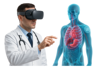 Doctor wearing VR headset interacting with a virtual anatomical human model displaying internal organs on transparent background.
