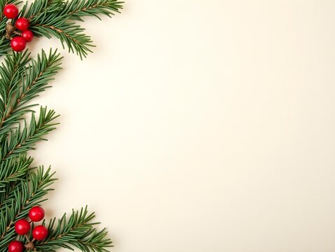 Blank textured craft paper with festive greenery and red berries for holiday invitations or craft projects