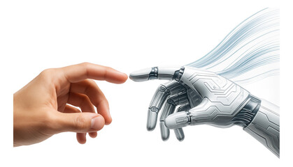 Obraz na płótnie Canvas A human hand and a robotic hand reaching towards each other suggest a connection between humanity and technology on transparent background.