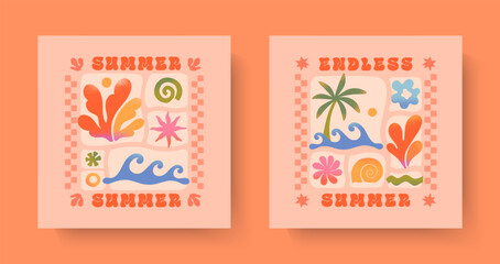Summer illustrations with sea ocean waves,coral,palm,sun.Groovy boho beach,surf club retro aesthetic.Summer vacation backgrounds in simple funny style.Graphic prints for shirts,banners,covers,branding