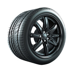 Obraz premium Modern black tire with spoke wheel design against a white background highlighting automotive technology