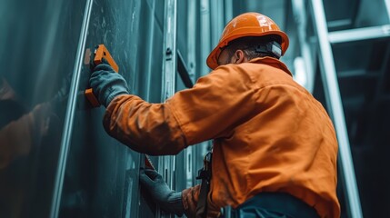 A skilled construction worker wearing a helmet and gloves diligently works on a wall, highlighting the importance of safety and hard work in the construction industry.