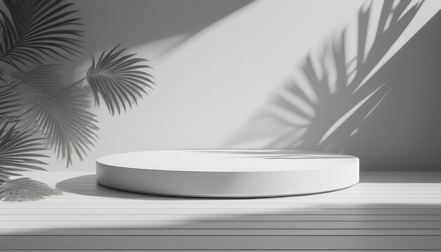 3d white product podium display with white background and tree shadow summer product mockup background 3d render illustration