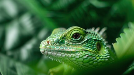 Fototapeta premium A stunning close-up of a vibrant green lizard camouflaged among lush green foliage, highlighting the beauty of wildlife and the intricate details of nature.