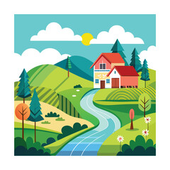 Naklejka premium Hillside farm with river and trees in flat style
