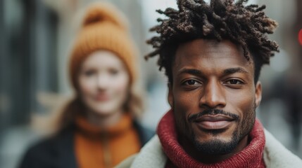 Fototapeta premium A confident young man showcases his style and charisma in an urban setting, with blurred figures in the background, highlighting individuality and self-expression in the city.