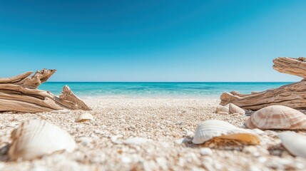 A picturesque view of a serene beach adorned with seashells and driftwood, illustrating tranquility and the charm of nature in a stunning seaside landscape.