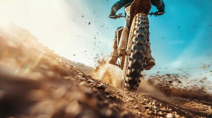 A close-up shot of a motocross bike kicking up dirt and gravel, showcasing the action and thrill of extreme sports and the spirit of adventure.