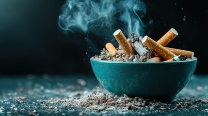 This impactful image features an ashtray overflowing with burnt cigarettes and swirling smoke, capturing the negative effects of smoking and its implications for health.
