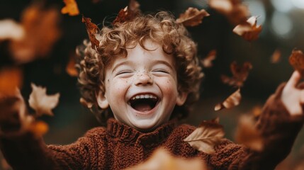 A cheerful child with curly hair joyfully laughs as autumn leaves are tossed around them, capturing a moment of pure happiness and the beauty of nature in fall.