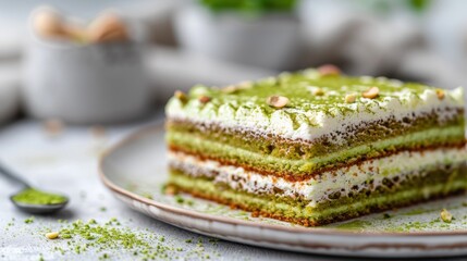 A visually enticing matcha cake, beautifully layered with cream and adorned with green tea powder. The intricate details invite indulgence in this delightful dessert.