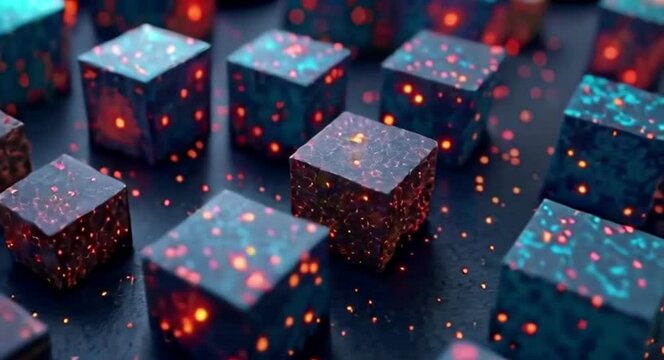 Abstract Cubes Glowing with Blue and Orange Particles Slow Movement