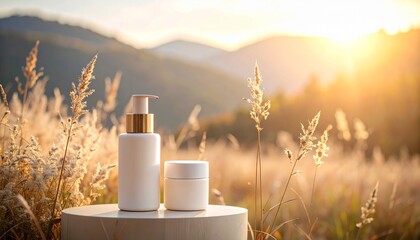 Luxury Skincare Bottles in Natural Outdoor Setting with Golden Hour Light and Wild Grass