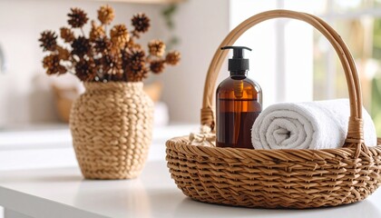 Amber Bottle with Dried Flowers and Wicker Vase on Neutral Background – Natural Skincare Aesthetic