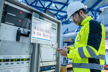 Electrical engineer woman checking voltage at the Power Distribution Cabinet in the control...