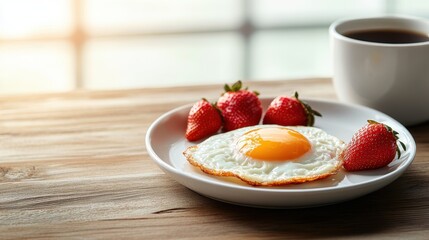 A beautifully presented breakfast plate featuring a fried egg and fresh strawberries captures a moment of culinary delight and simplicity in morning routines.