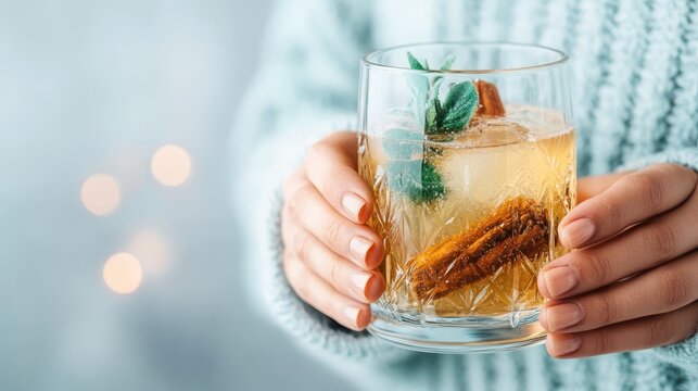 A beautifully crafted drink featuring herbs and cinnamon sticks is held against a softly glowing background, embodying warmth and comfort in every sip.