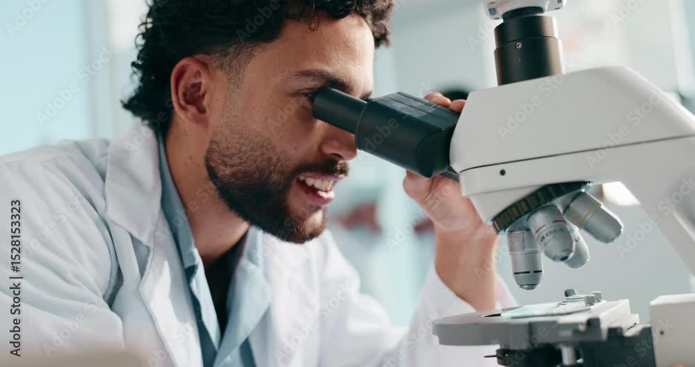 Aufkleber research, science and man with laptop, microscope and dna analytics with study for vaccine. medical 