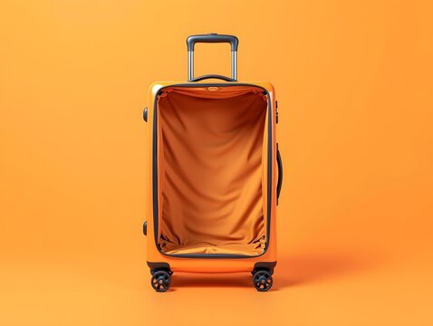 Open orange suitcase on bright background for travel and packing concept
