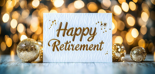 Happy Retirement Card with Golden Festive Ornaments and Bokeh Lights