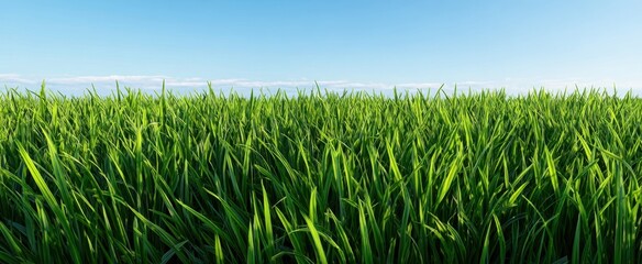 Obraz premium The lush green grass under a clear blue sky at the horizon.
