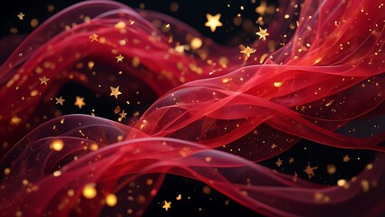 Red Fabric, Shimmering Stars, Elegant Swirls A Festive, Luxurious Abstract Image
