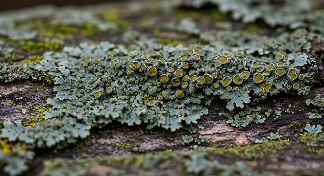 Detailed closeup of foliose lichen with apothecia on tree bark showing intricate textures and colors