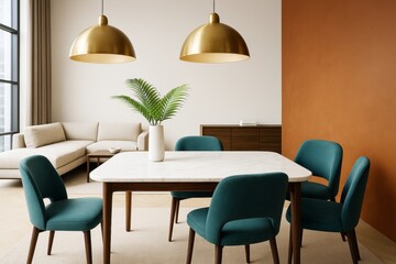 Modern dining and living room interior with teal chairs, gold lights, and minimalist decor in contemporary space with warm wall tones and natural light.