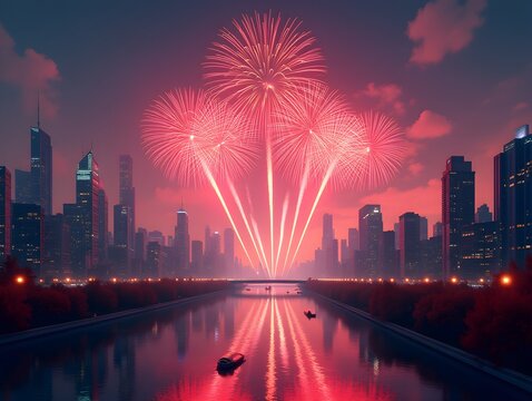 Futuristic cityscape with surreal fireworks exploding in the sky for a vibrant Canada Day celebration featuring bold visuals and a national holiday theme