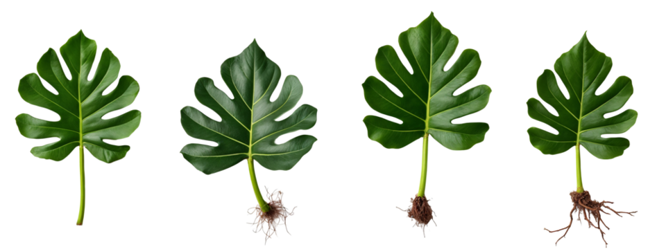 A set of four different views of a monstera leaf.