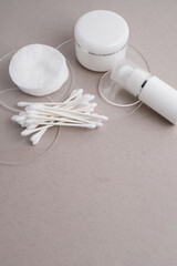 Container for cream, shampoo, toiletries, spa. Unbranded white plastic bottles. Bottle with a dispenser for cosmetic products. Skin care and beauty concept. Mockup style, copy space