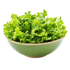 Crisp green lettuce overflowing in light green ceramic bowl placed on a white background, fresh from the farm